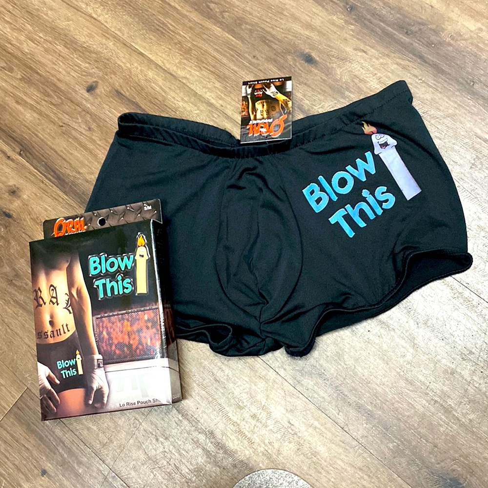 Male power oral assault stretch pouch short “Blow This”